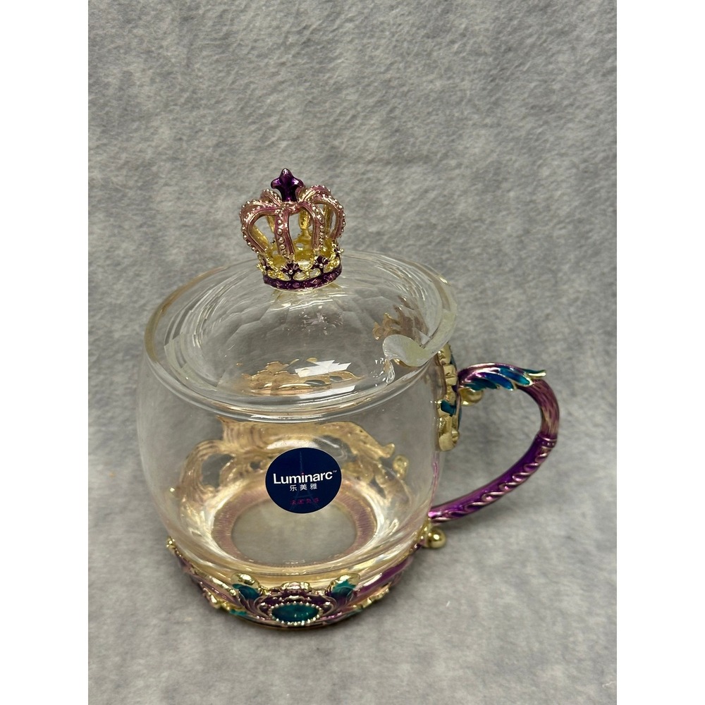 Luminarc Glass Tea Mug Cup Purple Gold Crown Lid Ornate Cup - Picture 6 of 9